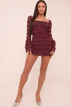 Rebellious Fashion Wine Lace Long Sleeve Mini Dress - Theo