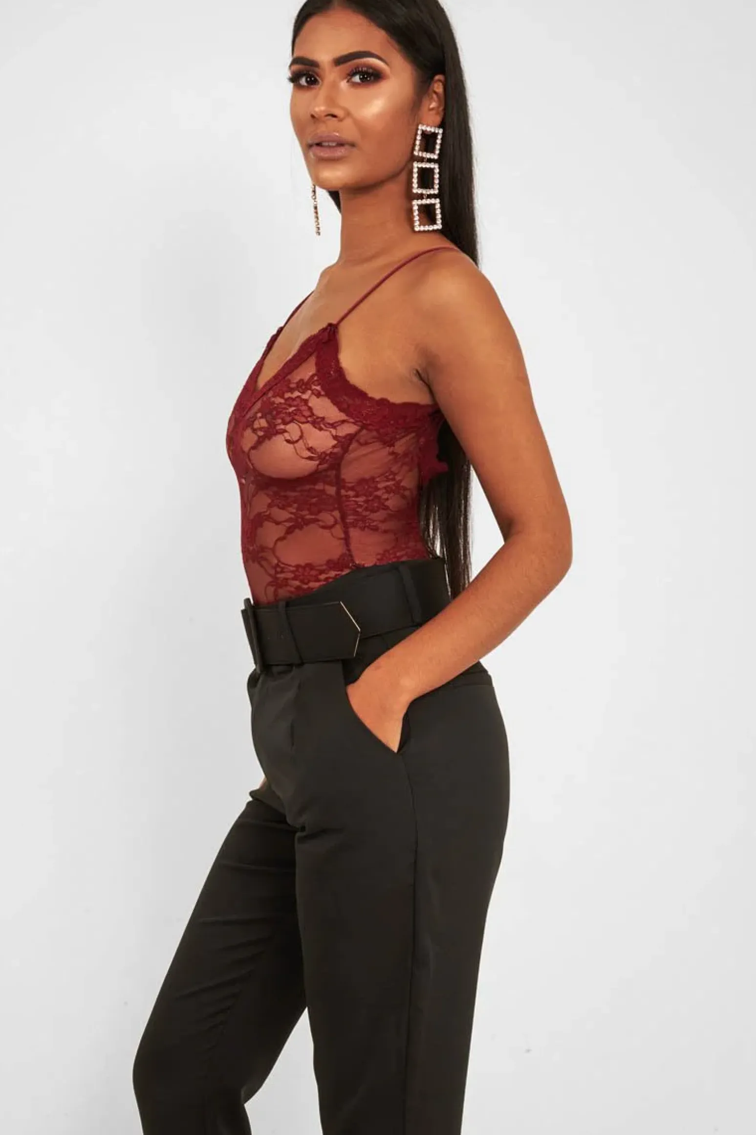 Rebellious Fashion Wine Lace Open Back Bodysuit - Demani