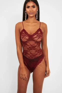 Rebellious Fashion Wine Lace Open Back Bodysuit - Demani