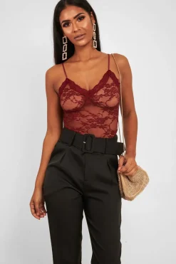 Rebellious Fashion Wine Lace Open Back Bodysuit - Demani