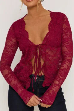Rebellious Fashion Wine Lace Tie Front Top - Lana