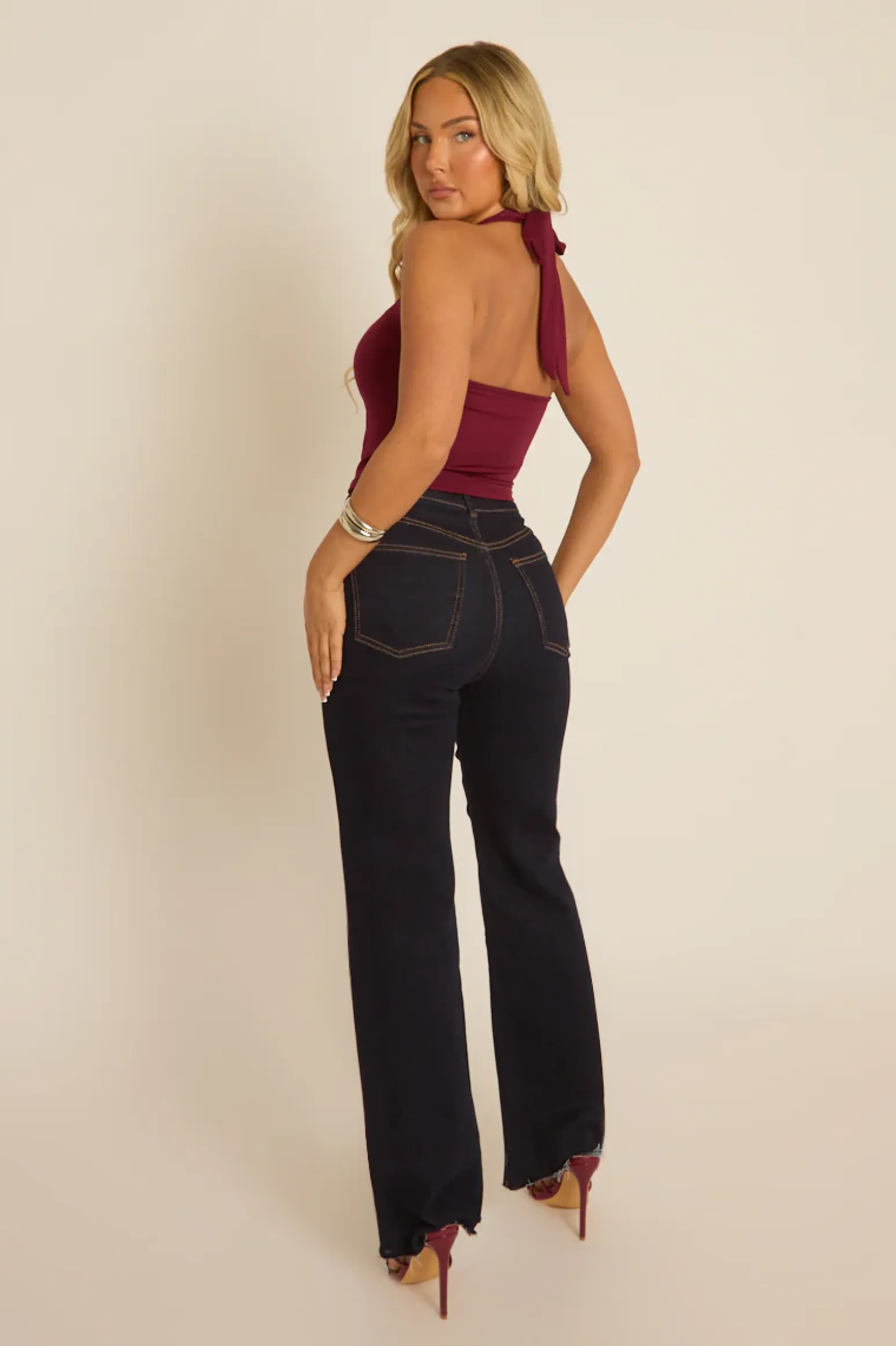 Rebellious Fashion Wine Lace Trim Halter Top - Karlee