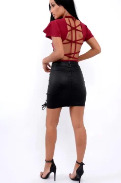 Rebellious Fashion Wine Lace Up Back Bodysuit - Kyra