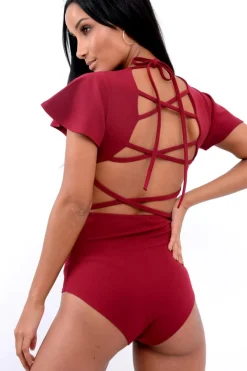 Rebellious Fashion Wine Lace Up Back Bodysuit - Kyra