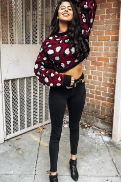 Rebellious Fashion Wine Leopard Crop Batwing Jumper - Raigen