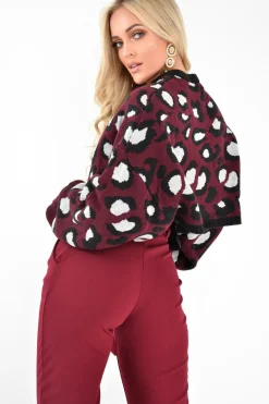 Rebellious Fashion Wine Leopard Crop Batwing Jumper - Raigen