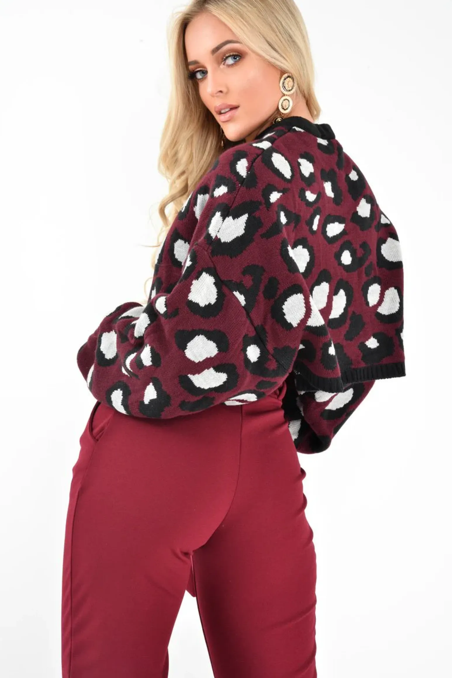 Rebellious Fashion Wine Leopard Crop Batwing Jumper - Raigen