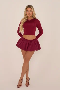 Rebellious Fashion Wine Long Sleeve Open Back Puff Ball Co-ord Set - Flavia