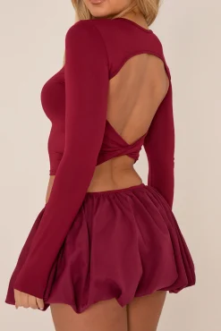 Rebellious Fashion Wine Long Sleeve Open Back Puff Ball Co-ord Set - Flavia