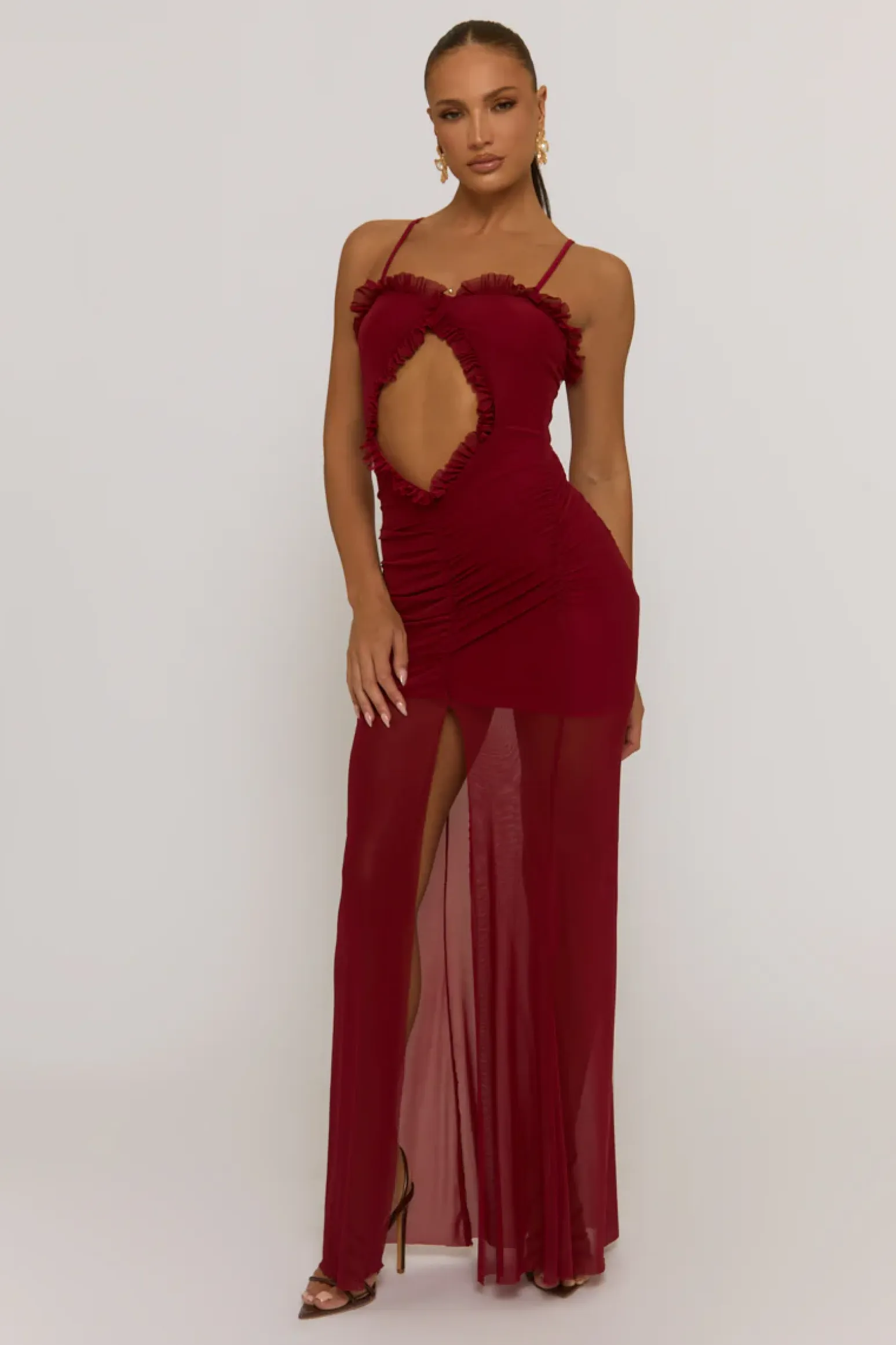 Rebellious Fashion Wine Mesh Cut Out Strappy Maxi Dress - Rhiannon