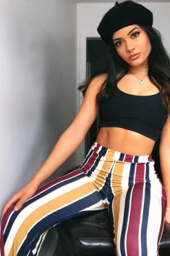 Rebellious Fashion Wine Multi Stripe Wide Leg Trousers - Mitzy