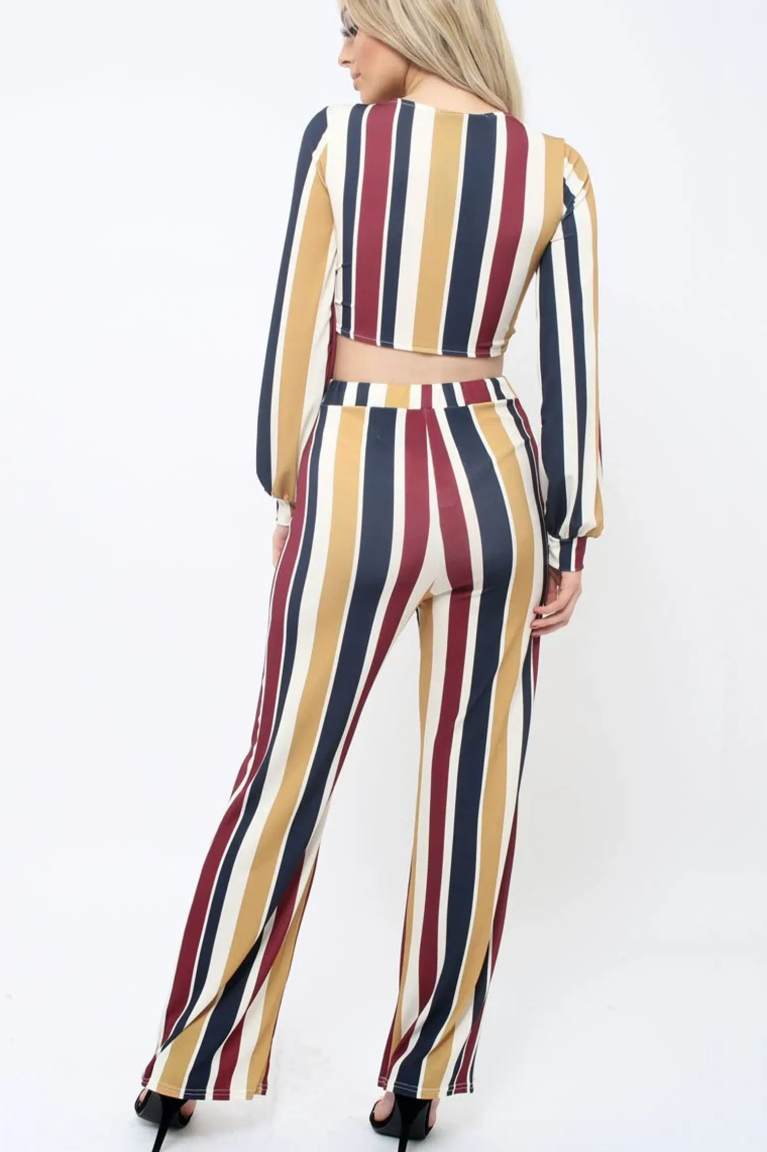 Rebellious Fashion Wine Multi Stripe Wide Leg Trousers - Mitzy