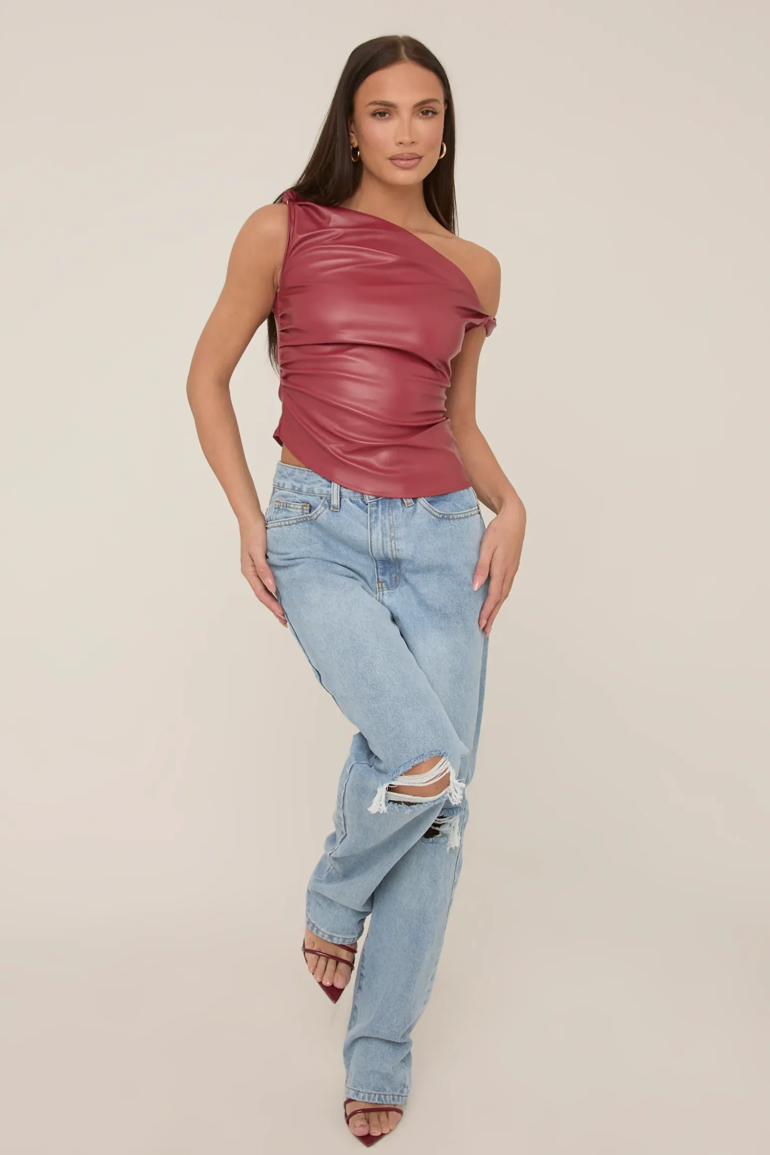 Rebellious Fashion Wine One Shoulder Faux Leather Top - Larissa