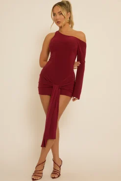 Rebellious Fashion Wine One Shoulder Slinky Wrap Mini Dress - Trudy