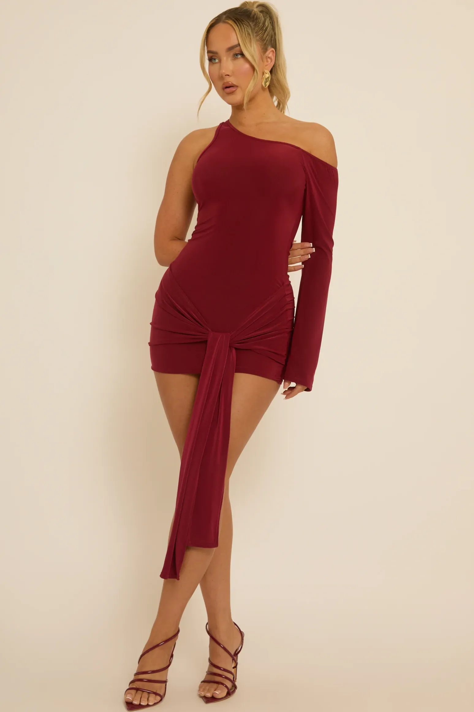 Rebellious Fashion Wine One Shoulder Slinky Wrap Mini Dress - Trudy