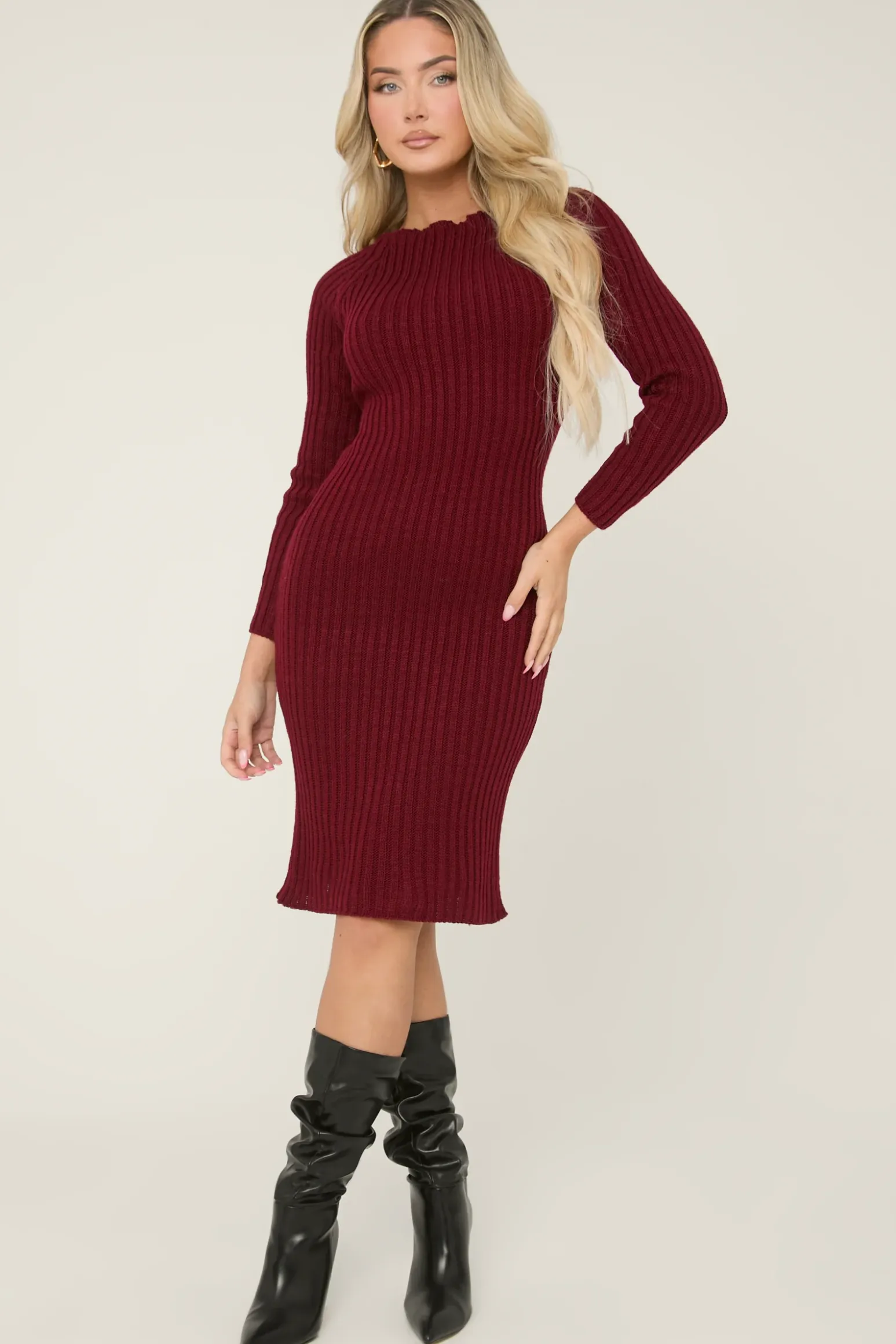 Rebellious Fashion Wine Open Twist Back Midi Bodycon Jumper Dress - Karrah