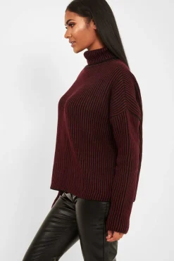 Rebellious Fashion Wine Ottoman Rib Roll Neck Jumper - Renee