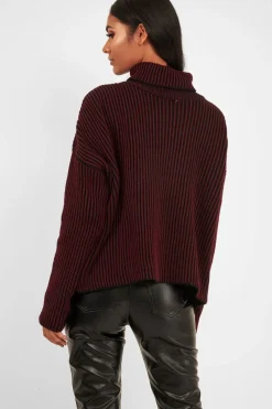 Rebellious Fashion Wine Ottoman Rib Roll Neck Jumper - Renee