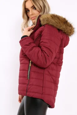 Rebellious Fashion Wine Padded Coat with Fur Hood - Francesca