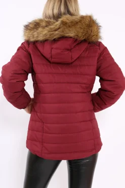 Rebellious Fashion Wine Padded Coat with Fur Hood - Francesca