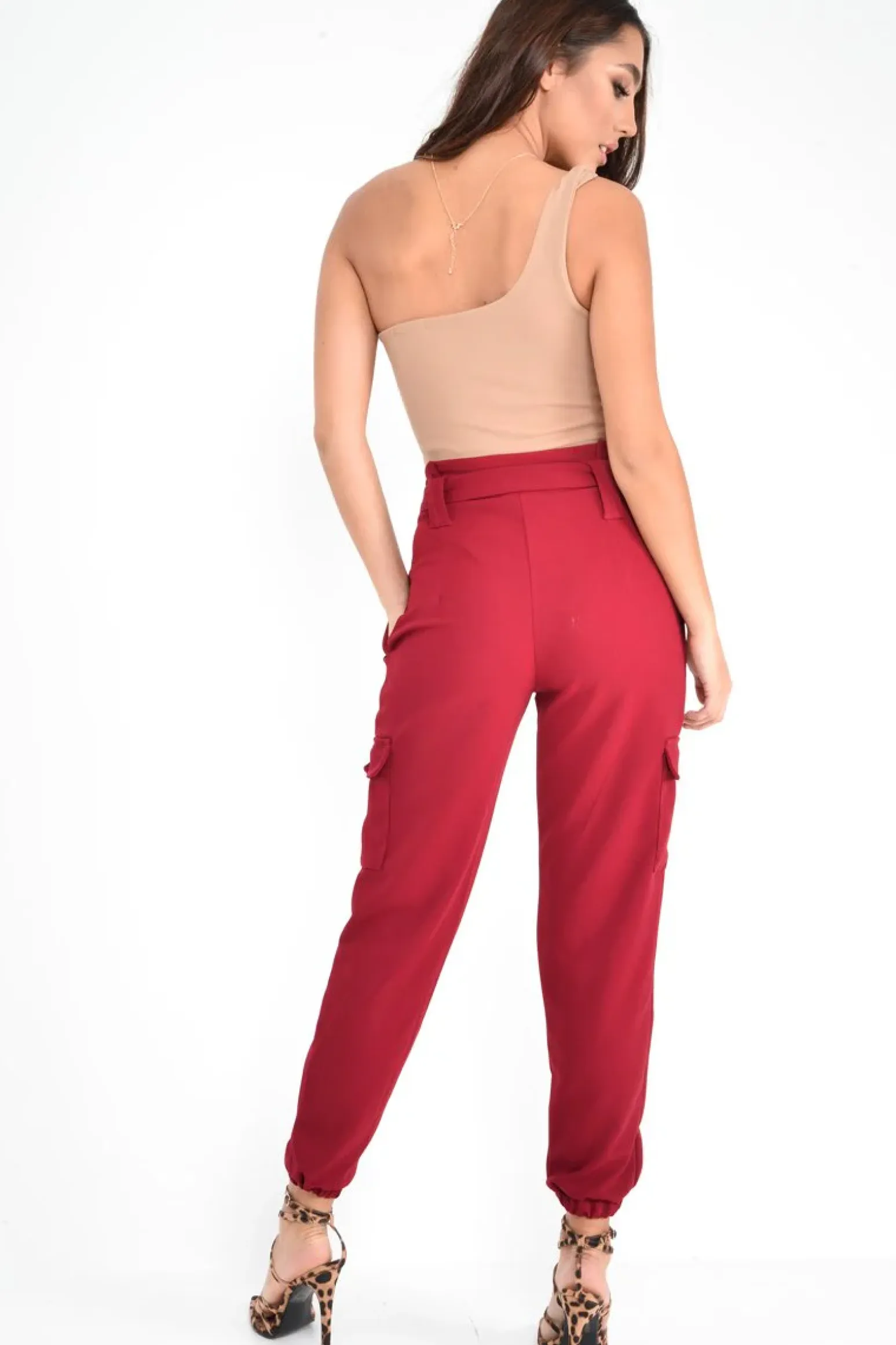 Rebellious Fashion Wine Paper Bag Cargo Pocket Trousers - Brette