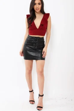 Rebellious Fashion Wine Plunge Ruffle Crop Top With Cut Out Back - Nia