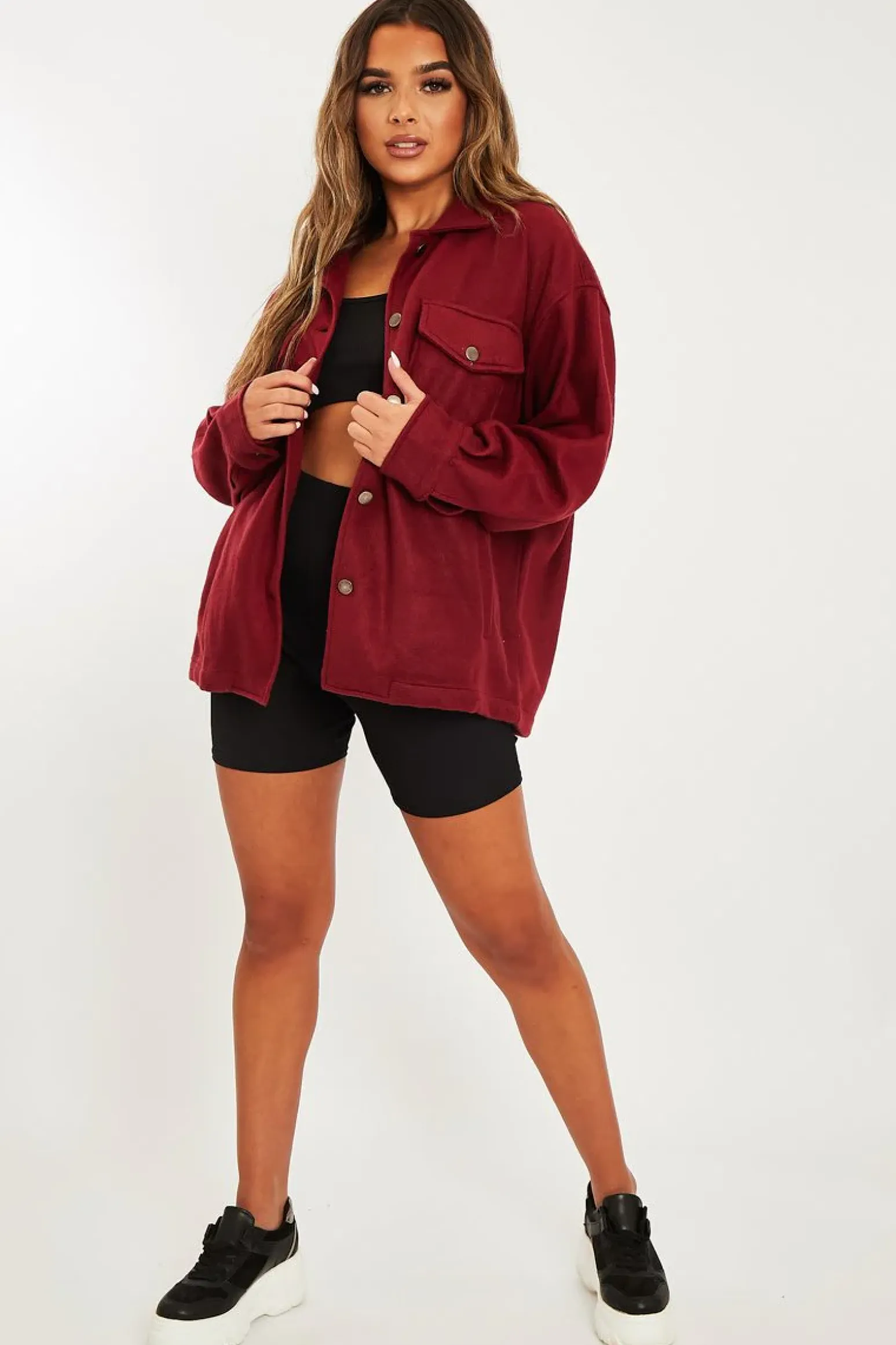 Rebellious Fashion Wine Pocket Oversized Brushed Shacket - Caley