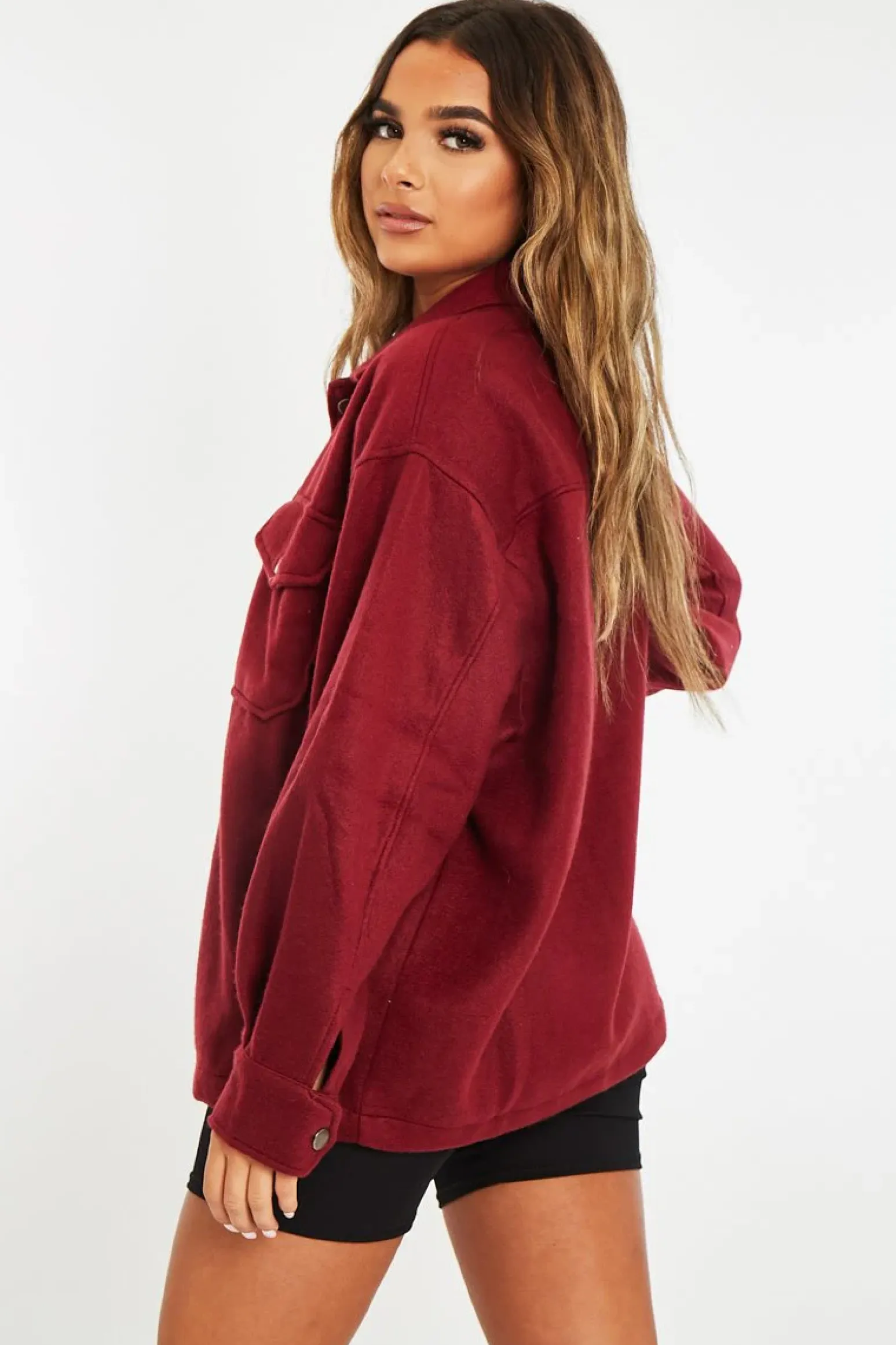 Rebellious Fashion Wine Pocket Oversized Brushed Shacket - Caley