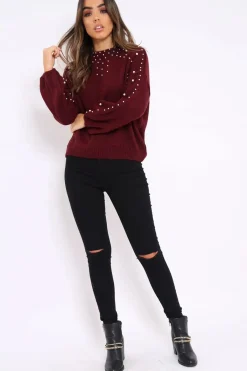 Rebellious Fashion Wine Puff Sleeve Pearl Chunky Knit Jumper - Nancie