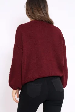 Rebellious Fashion Wine Puff Sleeve Pearl Chunky Knit Jumper - Nancie