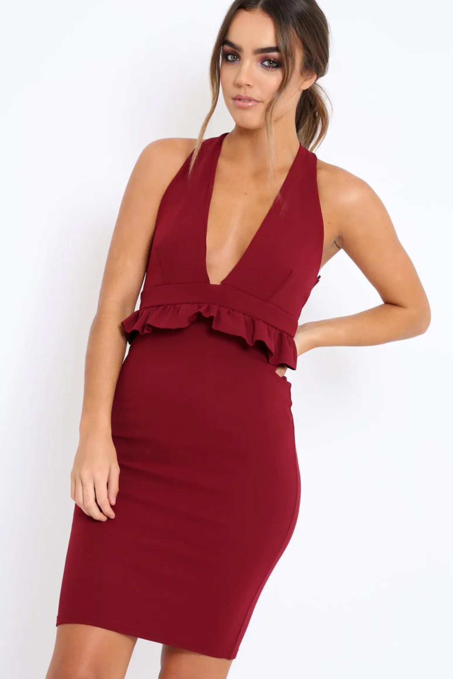 Rebellious Fashion Wine Racer Back Frill Midi Dress - Camilla