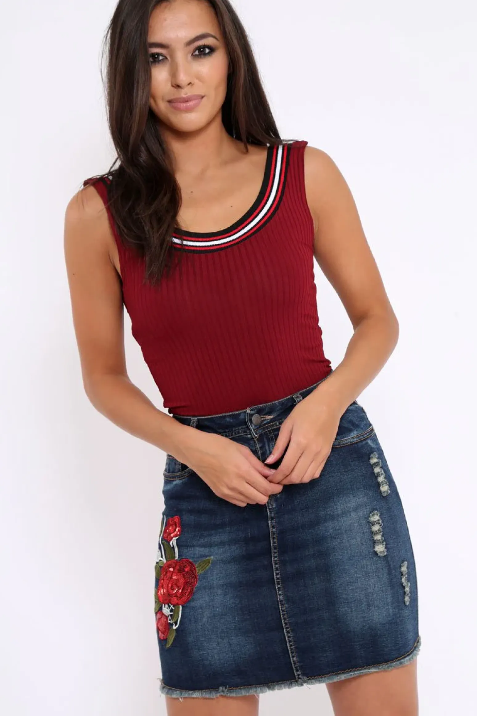 Rebellious Fashion Wine Ribbed Bodysuit with Sport Trim - Tracey