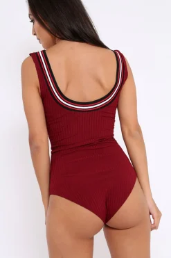 Rebellious Fashion Wine Ribbed Bodysuit with Sport Trim - Tracey