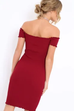 Rebellious Fashion Wine Ribbed Frill Hem Bardot Bodycon Dress - Kamille