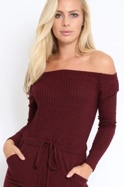 Rebellious Fashion Wine Ribbed Rip Knee Jumpsuit - Chyna