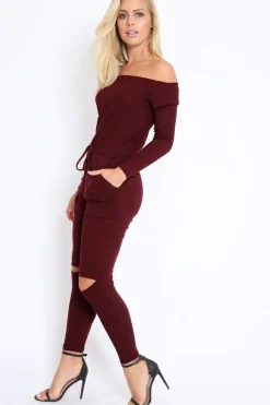 Rebellious Fashion Wine Ribbed Rip Knee Jumpsuit - Chyna