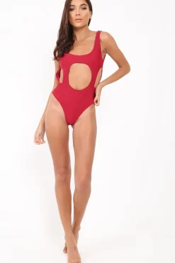 Rebellious Fashion Wine Round Cutout Backless Swimsuit - Rinda