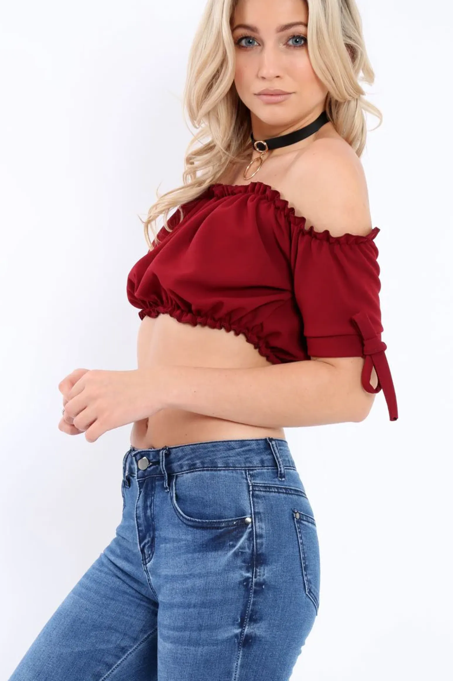 Rebellious Fashion Wine Ruched Bardot Gypsy Crop Top - Janette