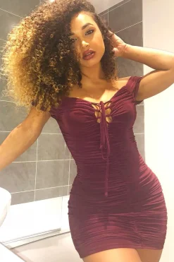 Rebellious Fashion Wine Ruched Slinky Lace Up Dress - Rosina