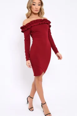 Rebellious Fashion Wine Ruffle Bardot Bodycon Dress - Alix