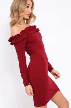 Rebellious Fashion Wine Ruffle Bardot Bodycon Dress - Alix