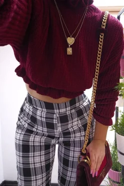 Rebellious Fashion Wine Ruffle Hem Chunky Knit Crop Jumper - Alannah