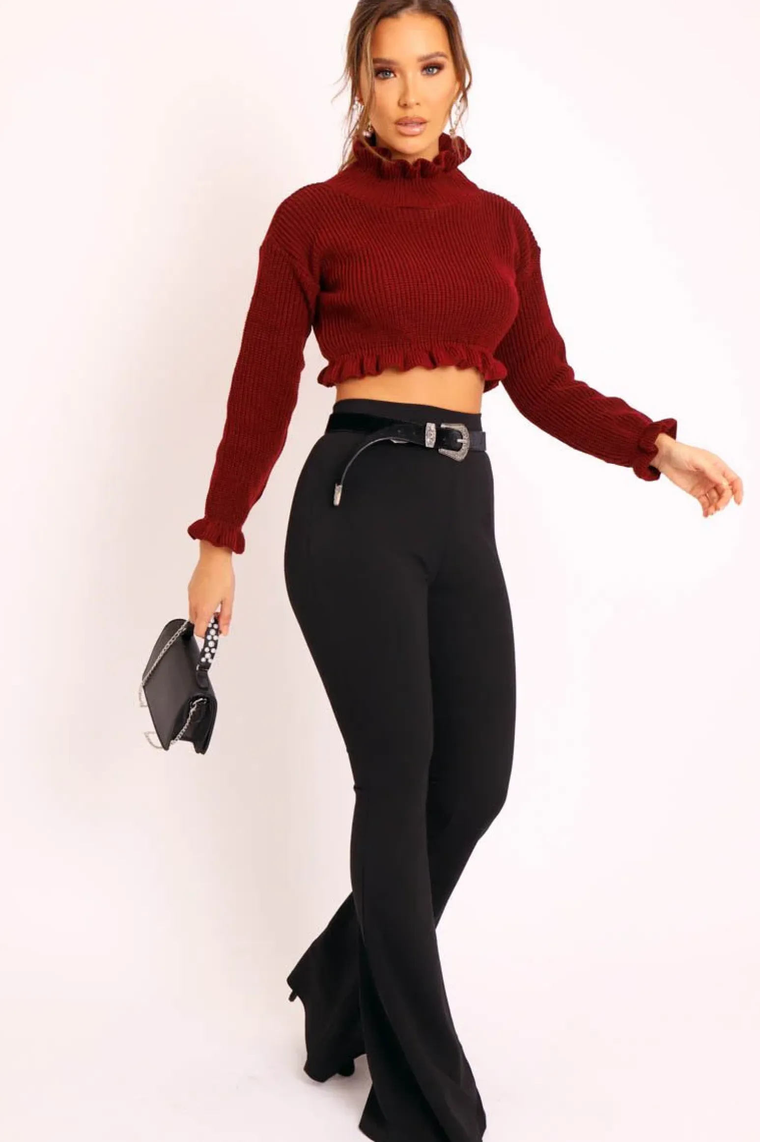 Rebellious Fashion Wine Ruffle Hem Chunky Knit Crop Jumper - Alannah
