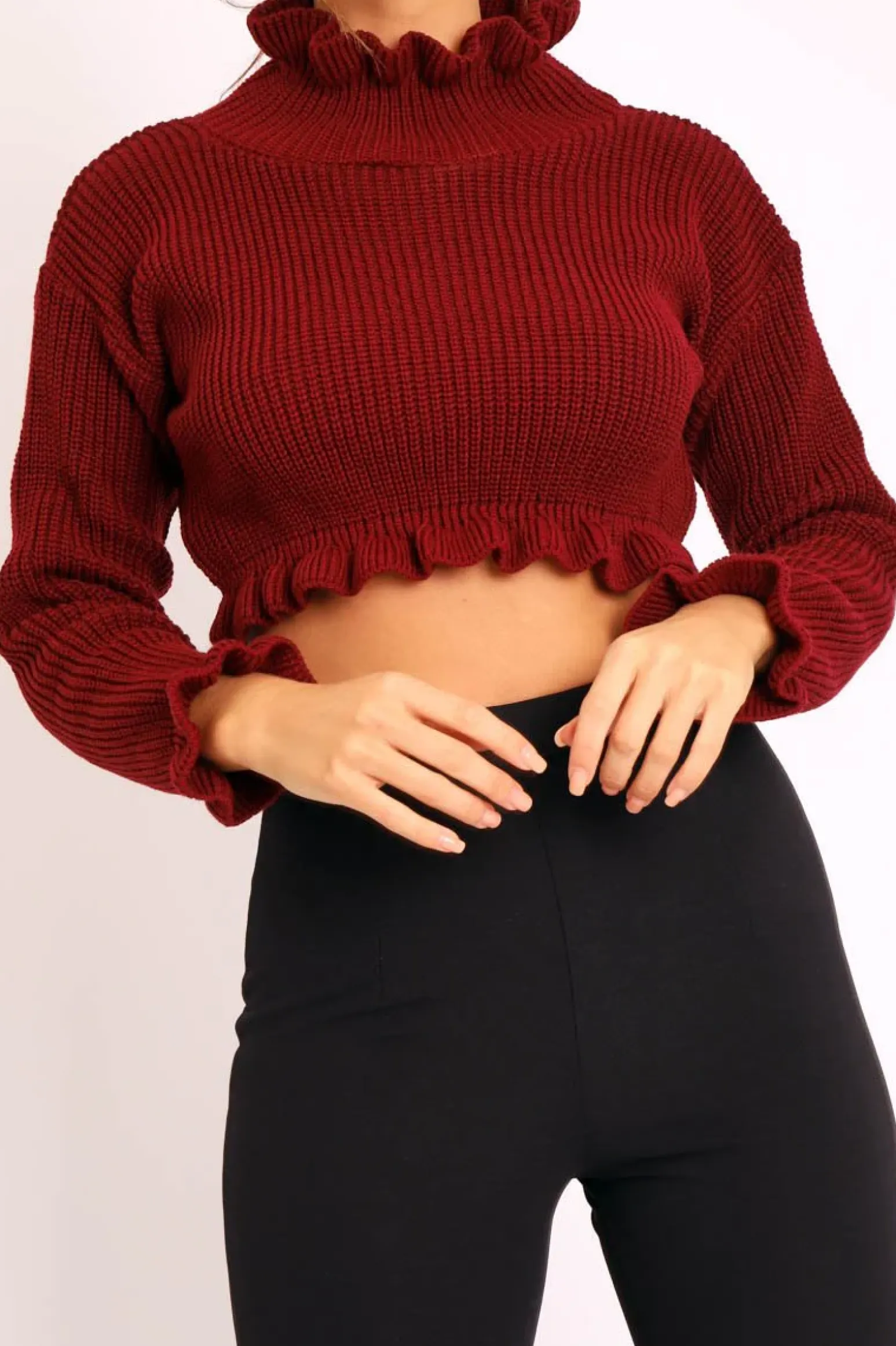 Rebellious Fashion Wine Ruffle Hem Chunky Knit Crop Jumper - Alannah