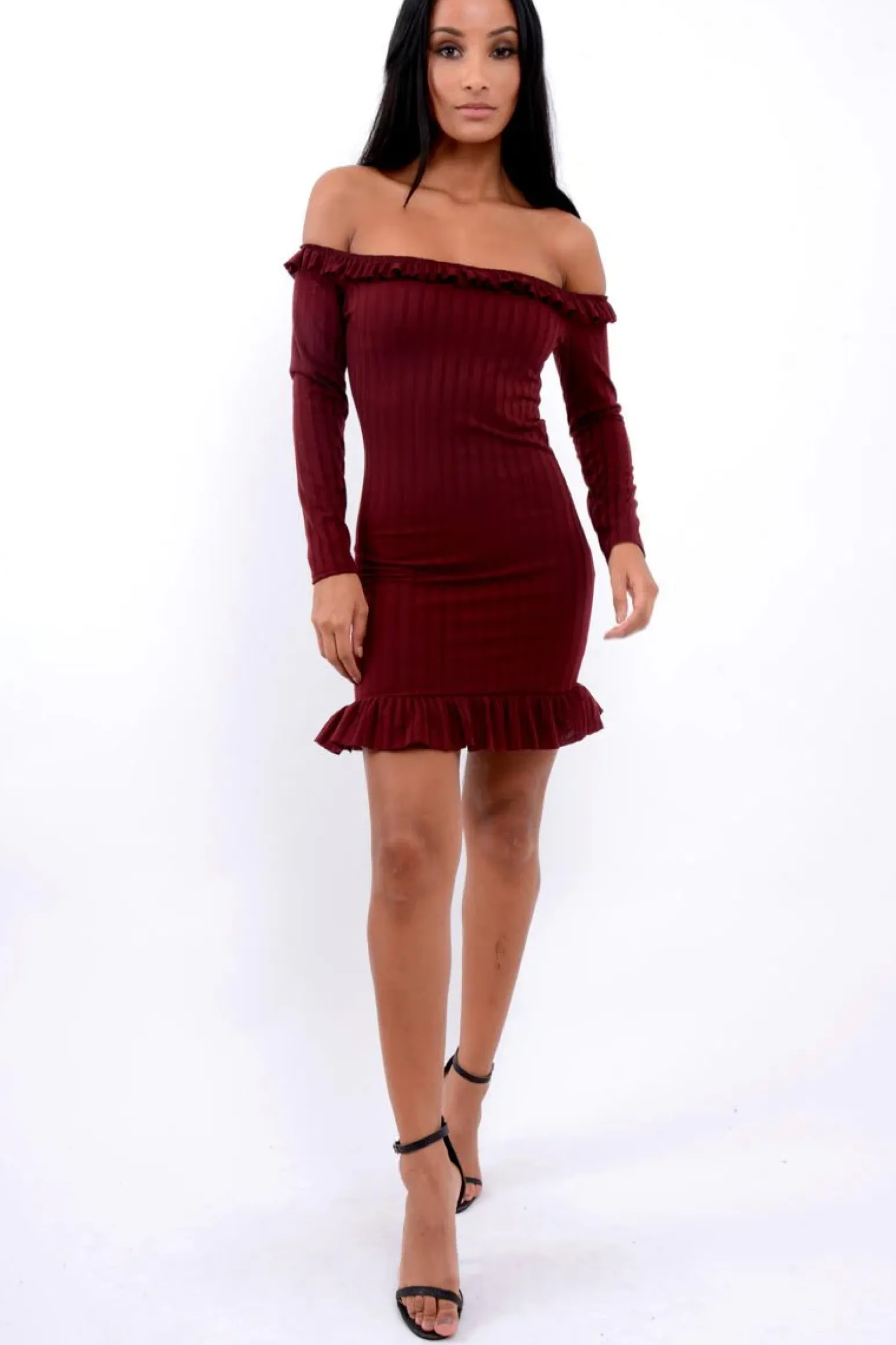 Rebellious Fashion Wine Ruffle Hem Ribbed Bardot Mini Dress - Destiny