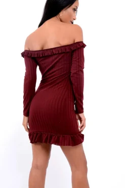Rebellious Fashion Wine Ruffle Hem Ribbed Bardot Mini Dress - Destiny