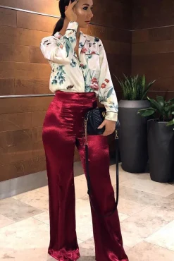 Rebellious Fashion Wine Satin High Waist Flare Trousers -Tisha