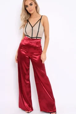 Rebellious Fashion Wine Satin High Waist Flare Trousers -Tisha