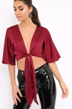 Rebellious Fashion Wine Satin Tie Crop Top - Alara
