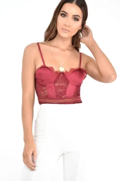 Rebellious Fashion Wine Scalloped Lace Satin Bodysuit - Jeriah
